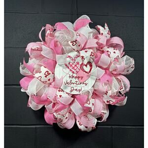 Valentines Day Wreath, Pink & White, Front Door Decor, Handmade 22”
